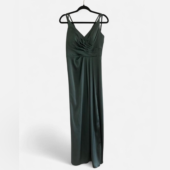 NWT Eucalyptus Green A-Line V-Neck Pleated Stretch Satin Dress with Slit - Picture 2 of 9